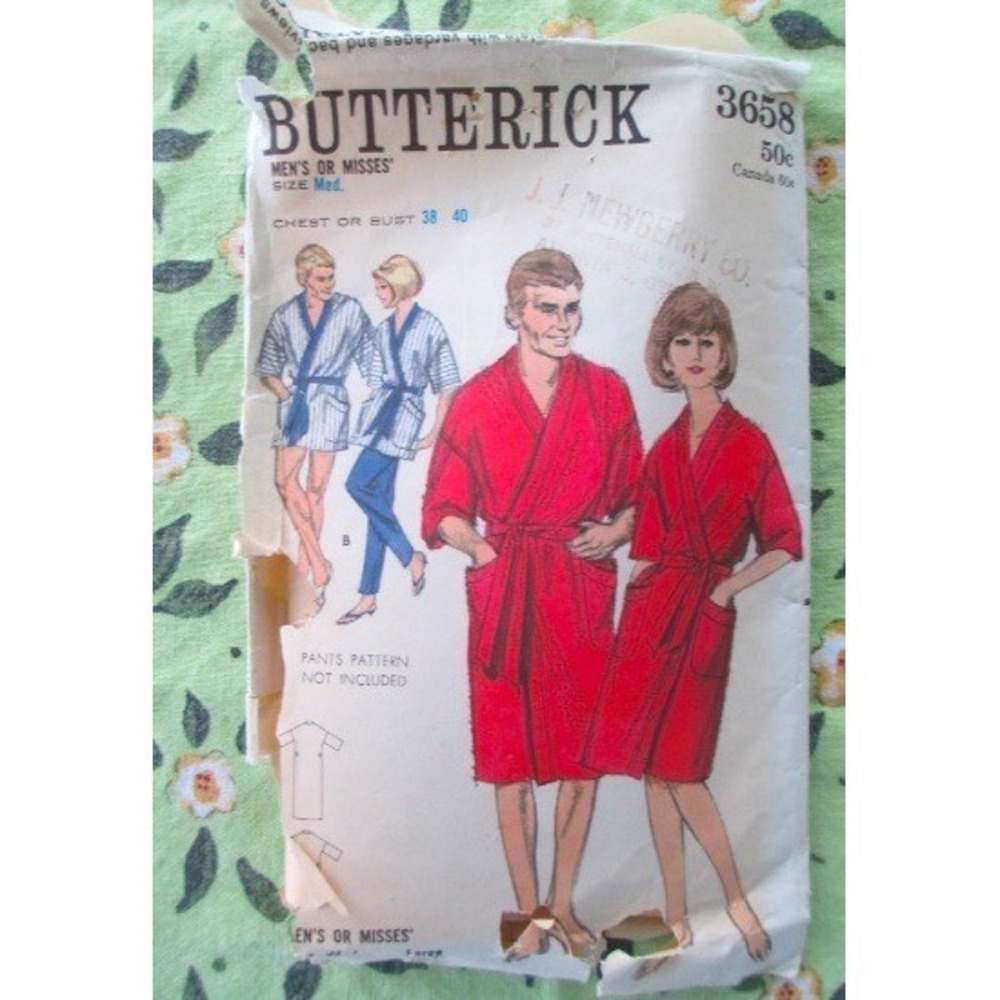 Vtg Unisex Bathrobe Butterick Pattern 3658 Size M med Robe Bathrobe